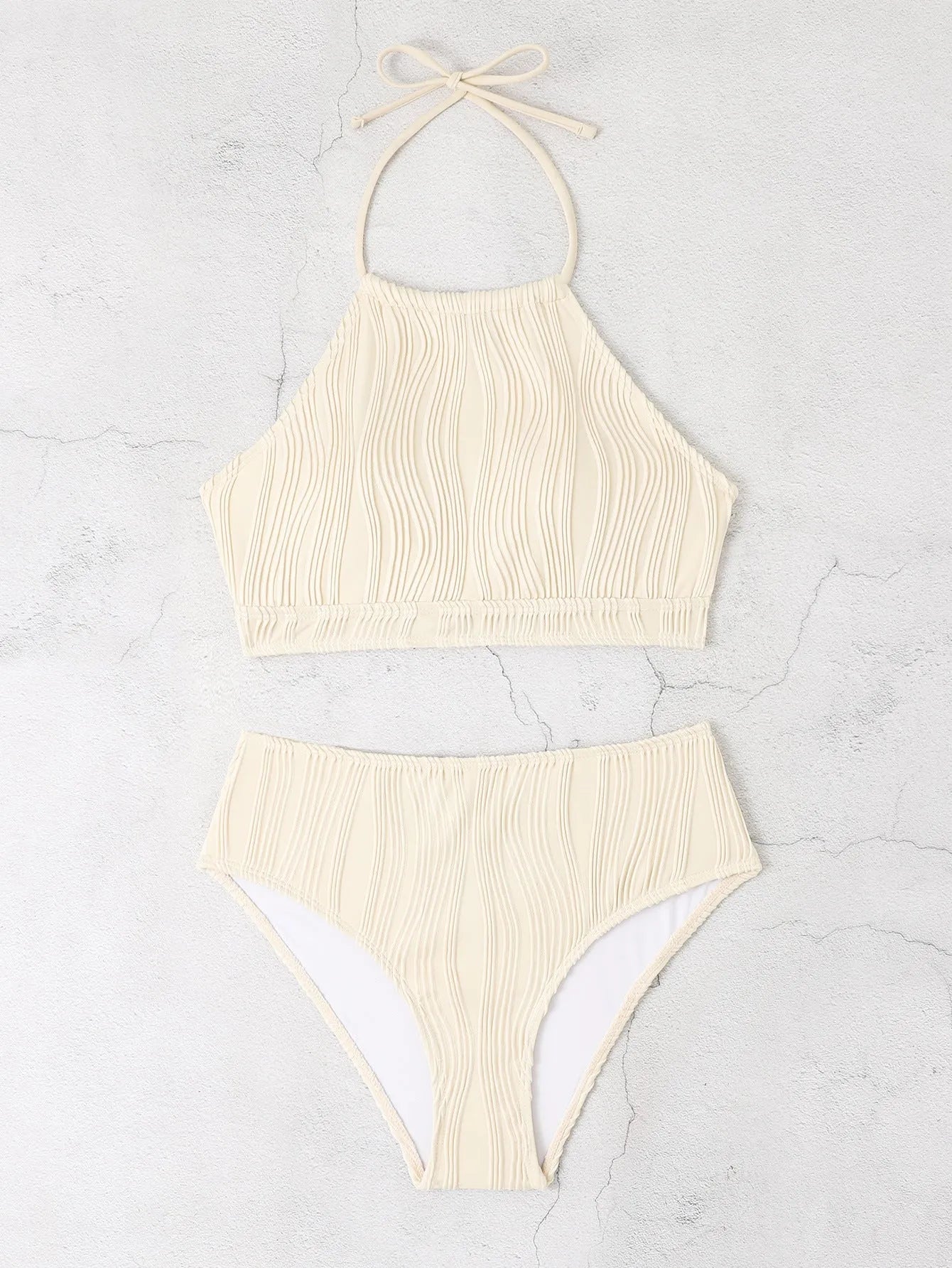 Women's conservative high waist apron swimwear in polyester with separate top and pants
