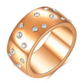 Geometric titanium steel women's couple ring with starry diamond treatment in black, gold, rose gold, and steel.