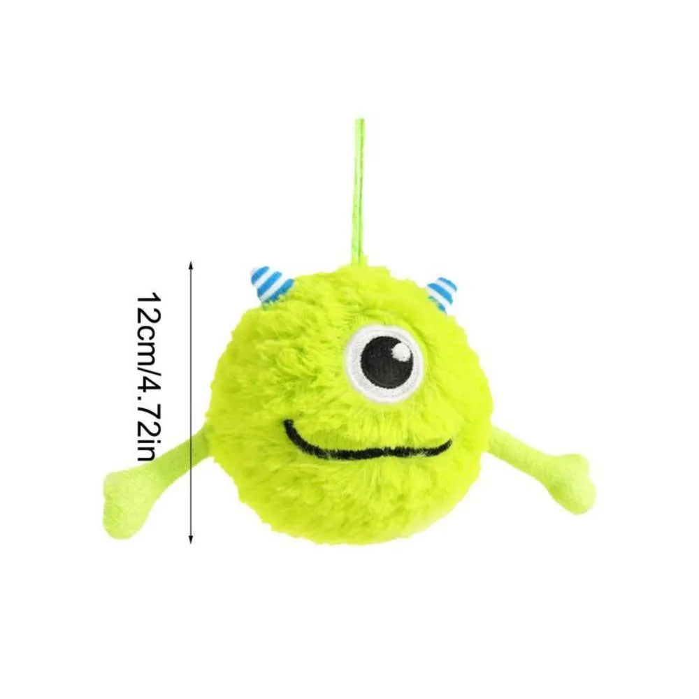Green interactive sound dog teething ball toy made of plush and TPR, approximately 12cm in diameter.