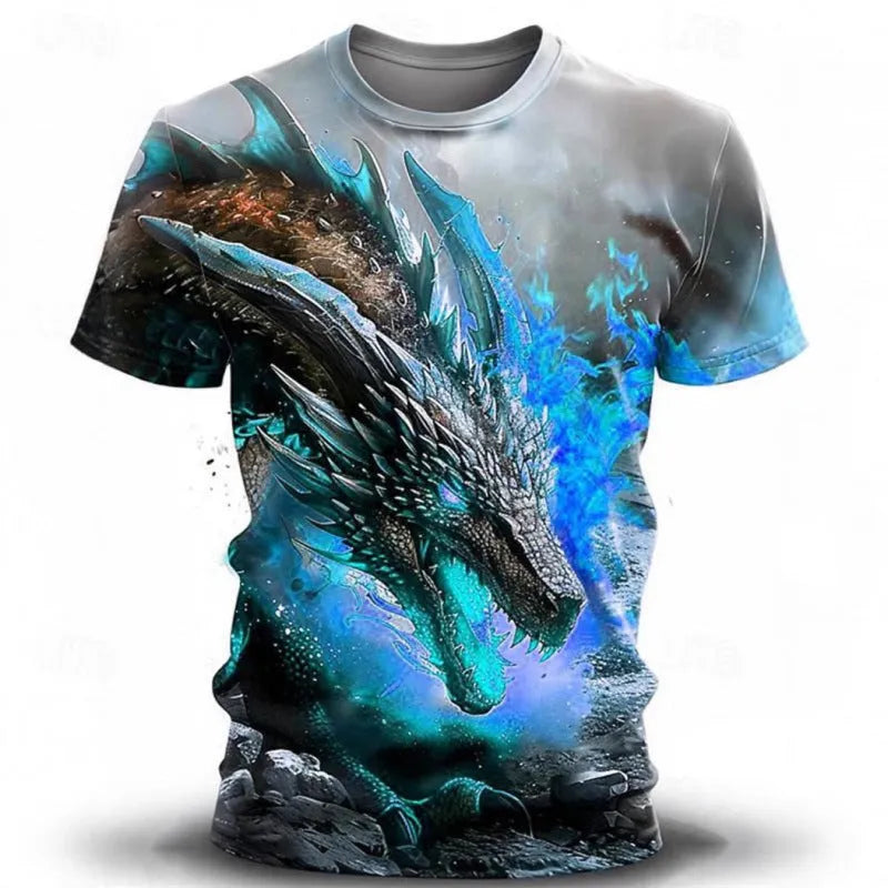 Men's grey short-sleeved T-shirt featuring a large 3D printed wind dragon design on the front.