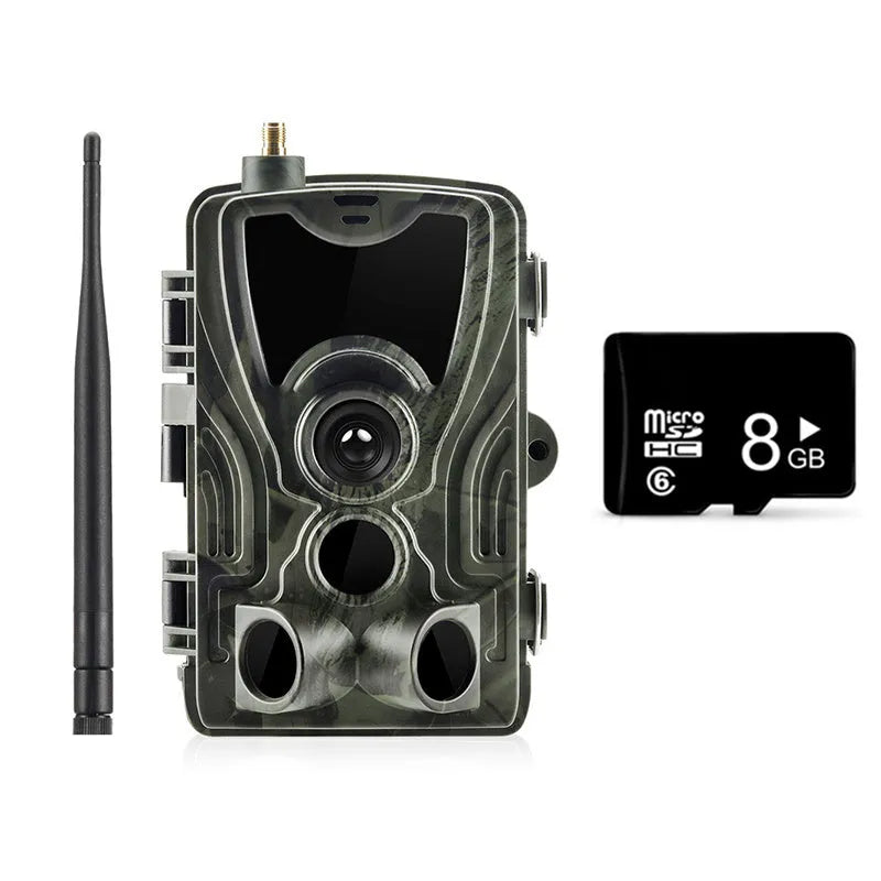 HC801M outdoor camouflaged surveillance camera with wide-angle lens on a tree branch.
