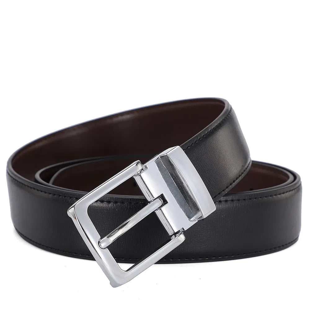 Men's brown genuine leather belt with alloy pin buckle showing embossed water flow pattern