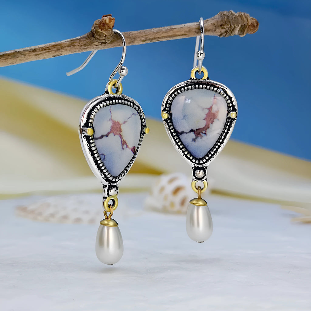 Retro blue geometric drop earrings with synthetic opal and pearl details on electroplated metal