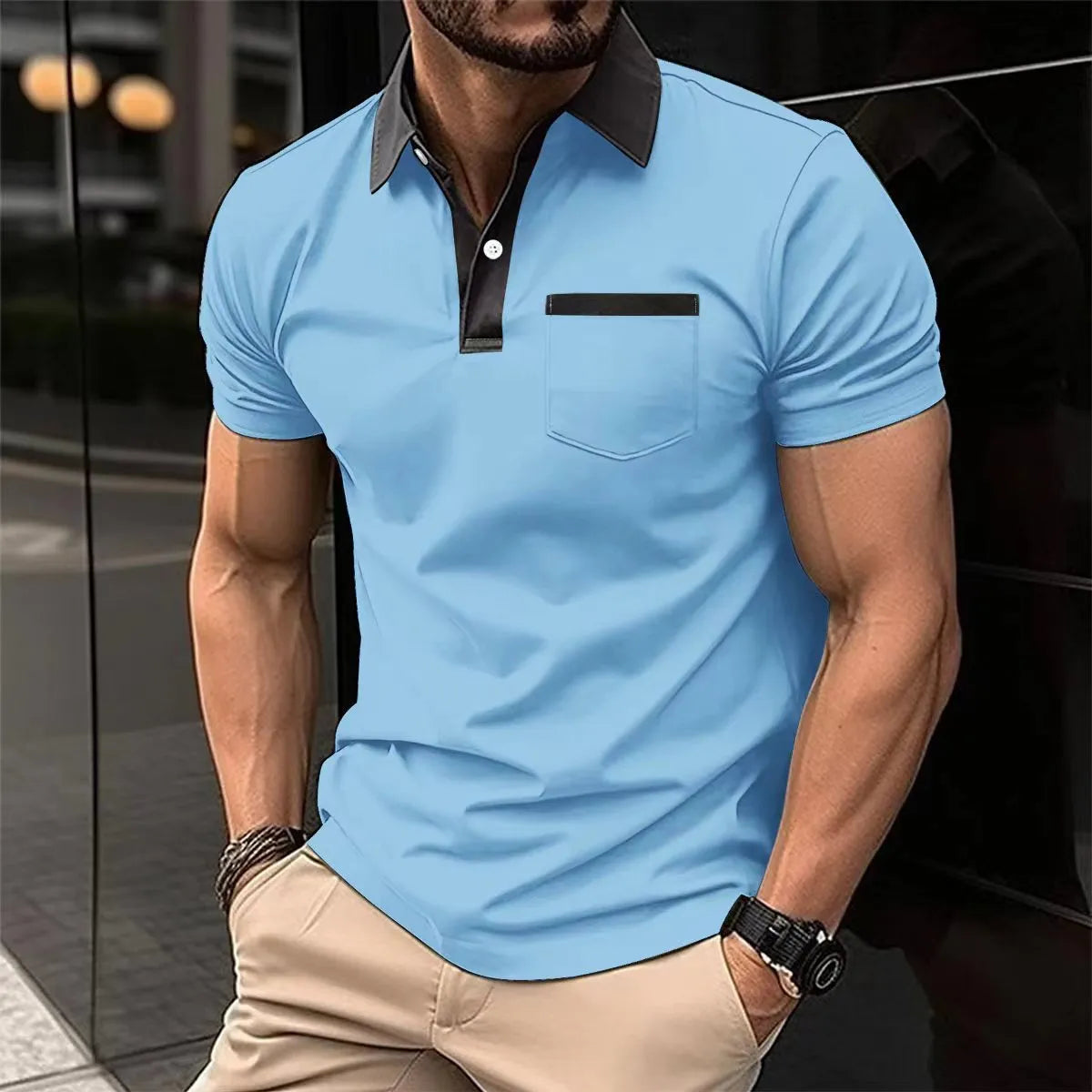 Men's cotton blend short-sleeve slim-fit polo shirt in navy blue with chest pocket, front view