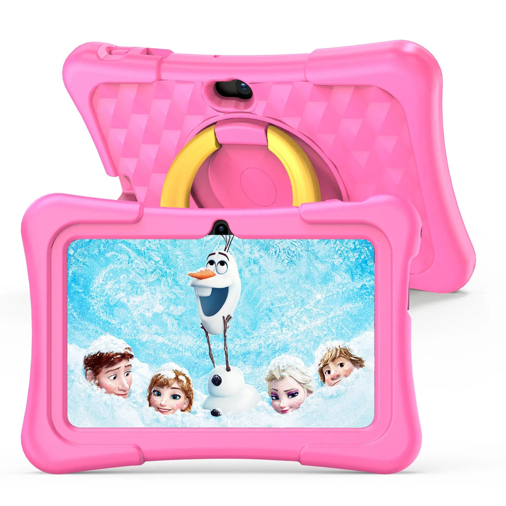 Blue children's education tablet with silicone cover and rotating handle on a 7-inch screen.