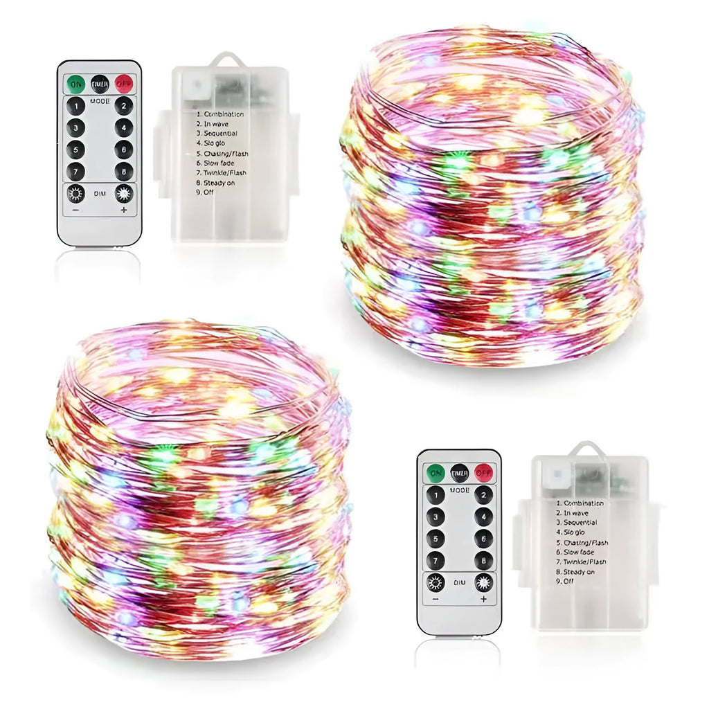 12-metre long copper wire LED string light with 120 small lamps, showing multiple colour options.