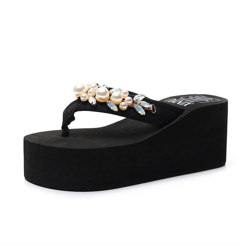 Women's high-heeled flip-flops with cotton cloth upper in beige and black colour options