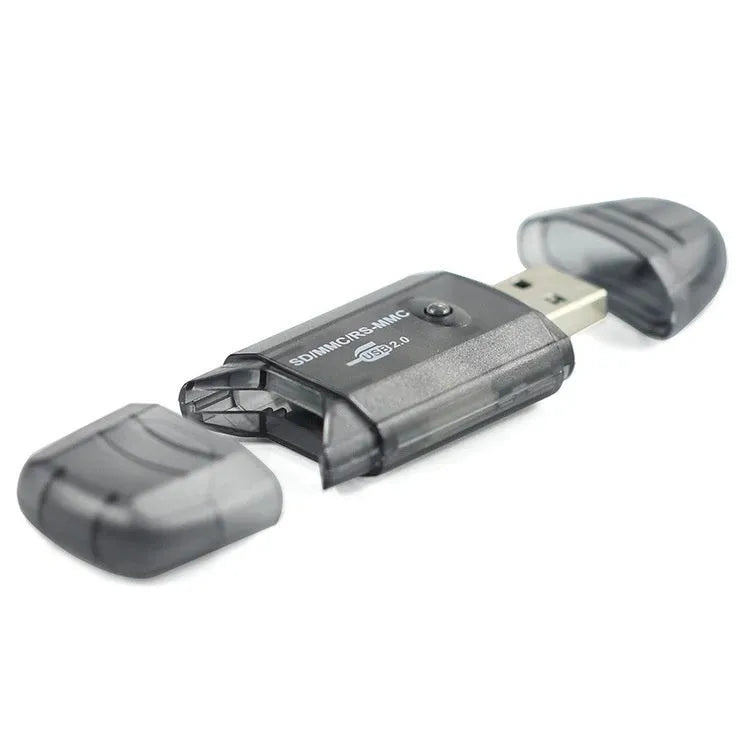 Transparent plastic USB card reader with optional LED light on a desk