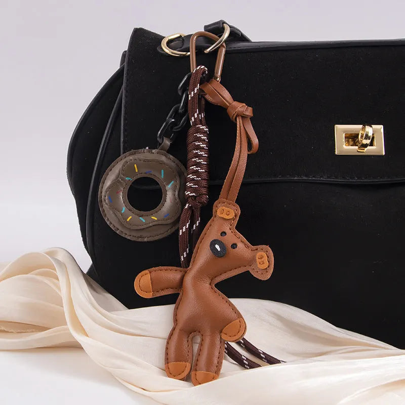 PU leather bear donut keychain in brown with semi-handmade finish and bag clip attachment