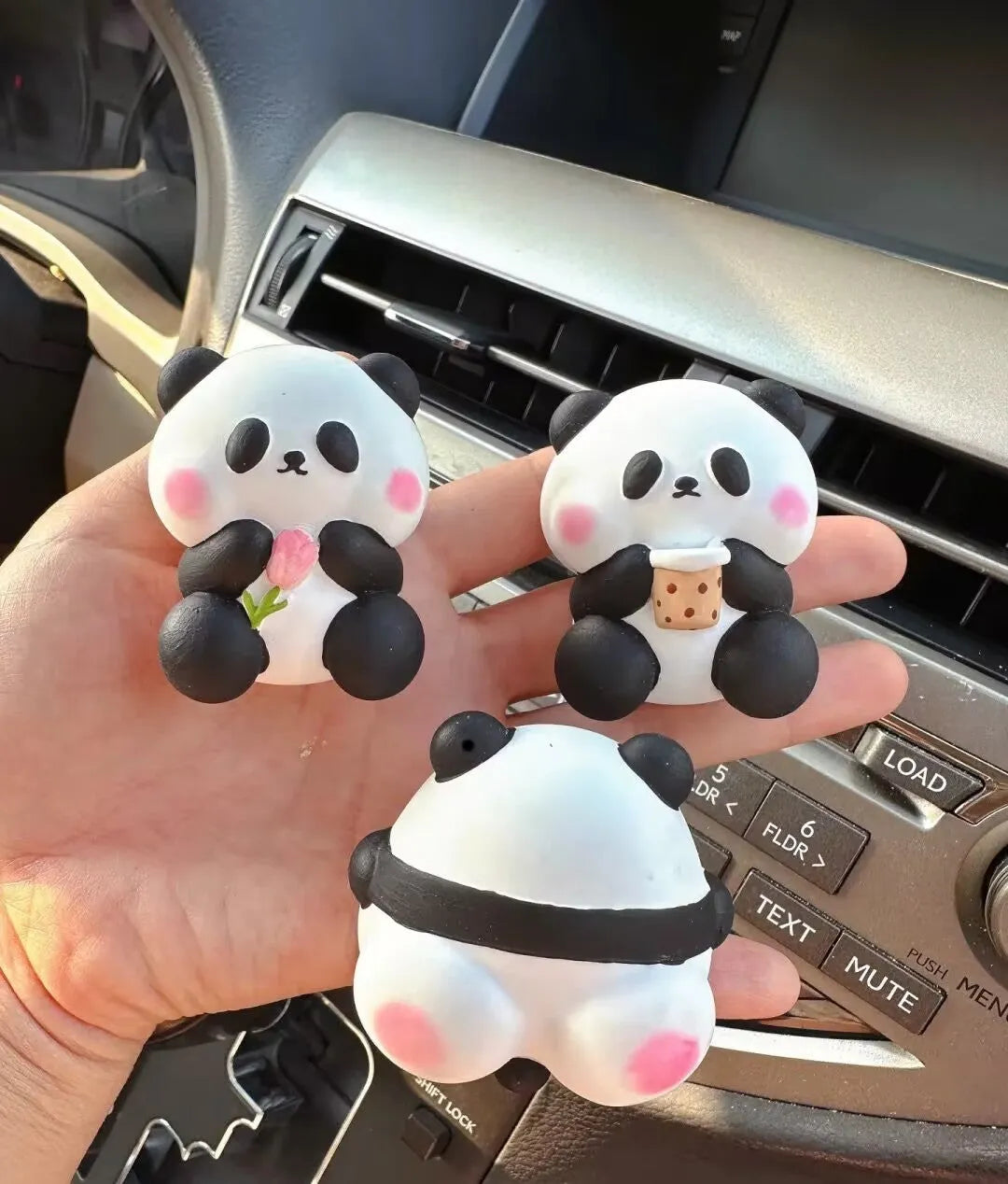 Cute panda car vent perfume decoration in milk tea, flower, and back panda designs.
