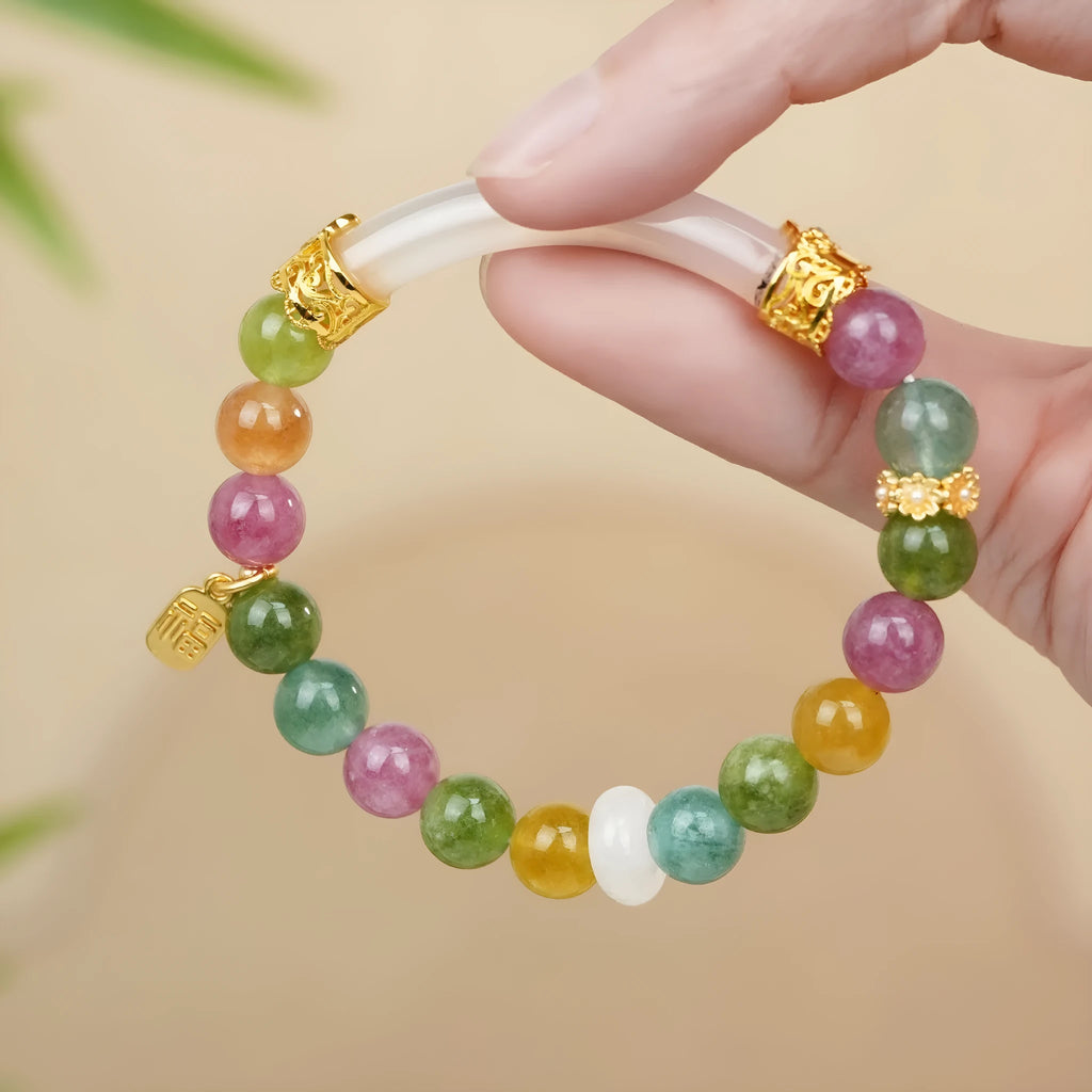 Tourmaline half bracelet in rainbow colours with electroplated finish for women
