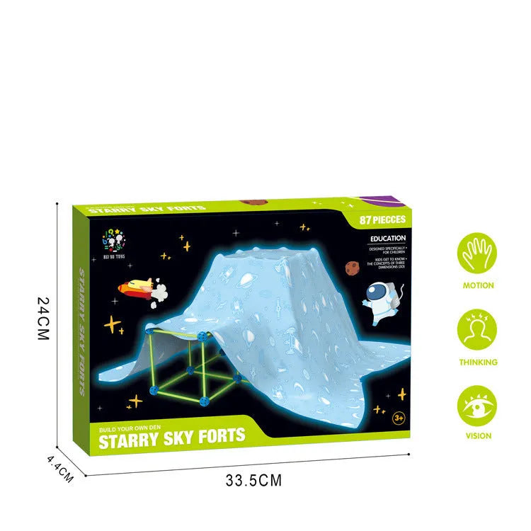 Children's plastic fort building kit with glowing sticks and connector balls assembled into a play tunnel.