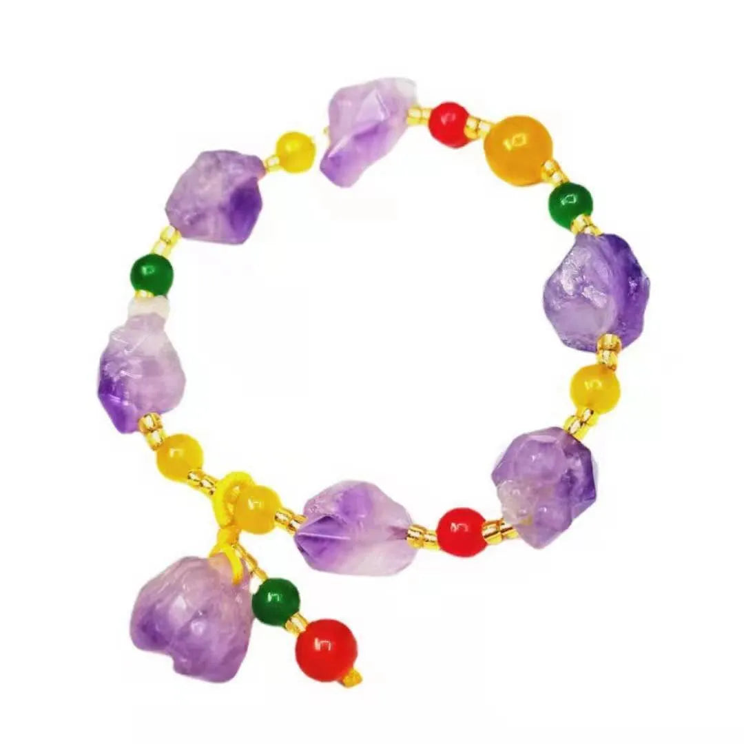 Natural style amethyst bead bracelet for women with a fu character charm.