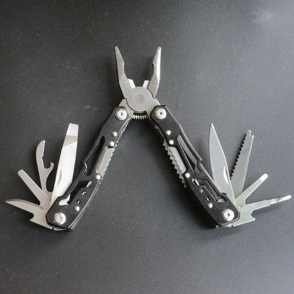 All steel 14-in-1 multi-function folding pliers with locking blade and screwdrivers, black finish