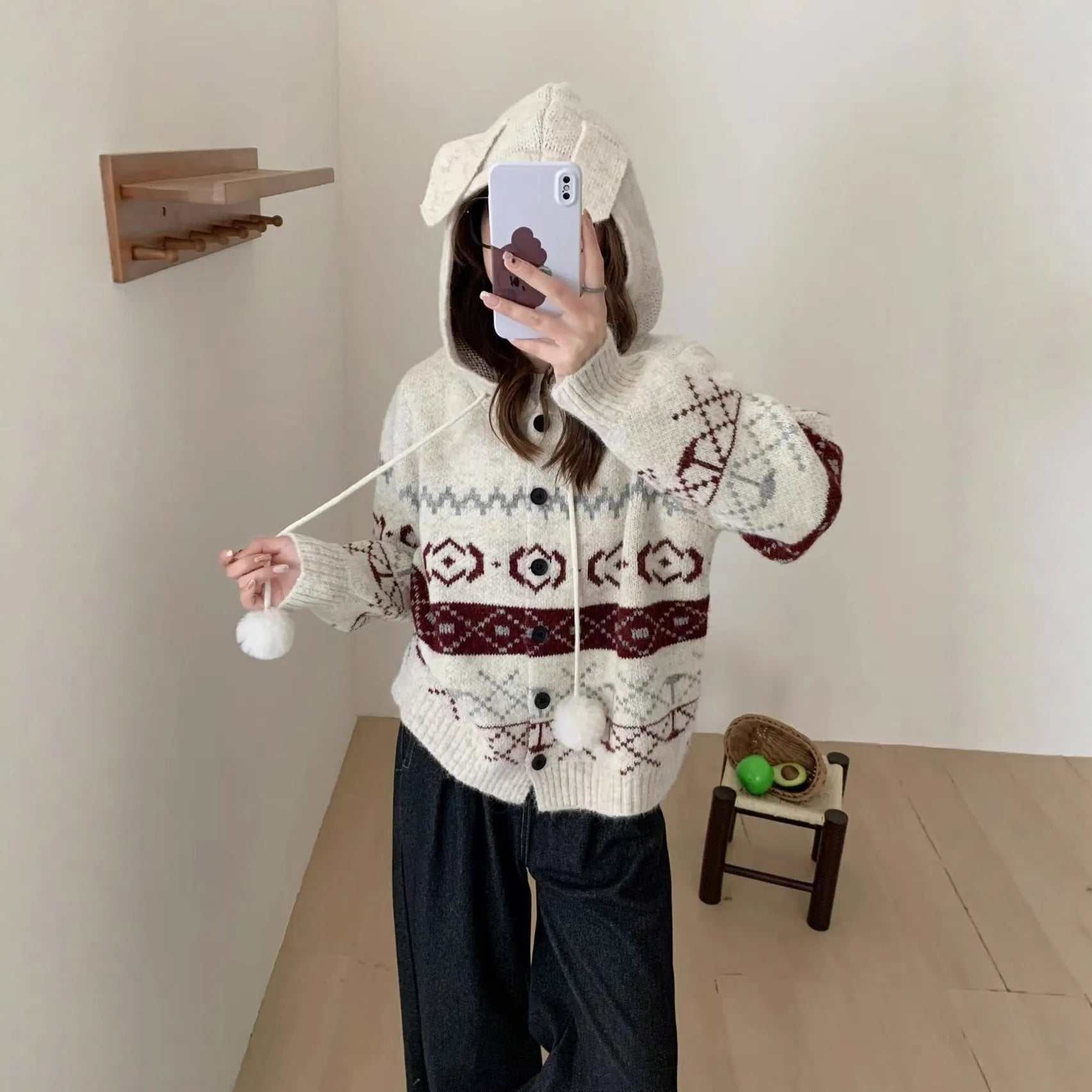 Geometric pattern brocade sweater coat for plus size women in loose fit.