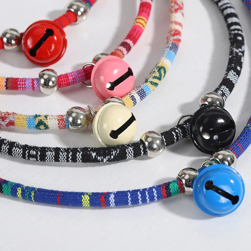 Coloured ethnic style adjustable pet collar with bell for cats and small dogs