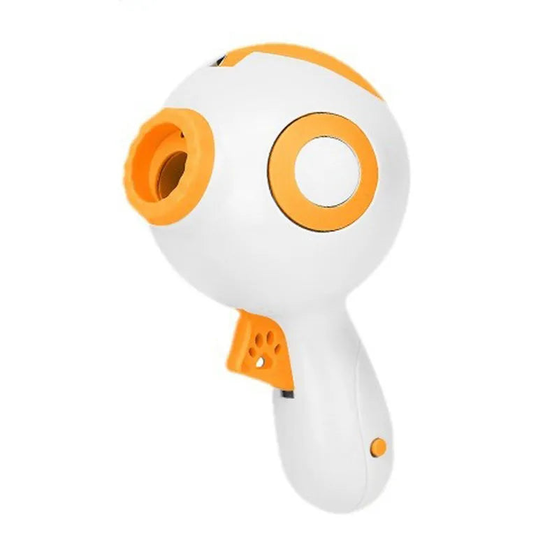 Green, orange, and pink dog treat launcher toy for interactive feeding and training.