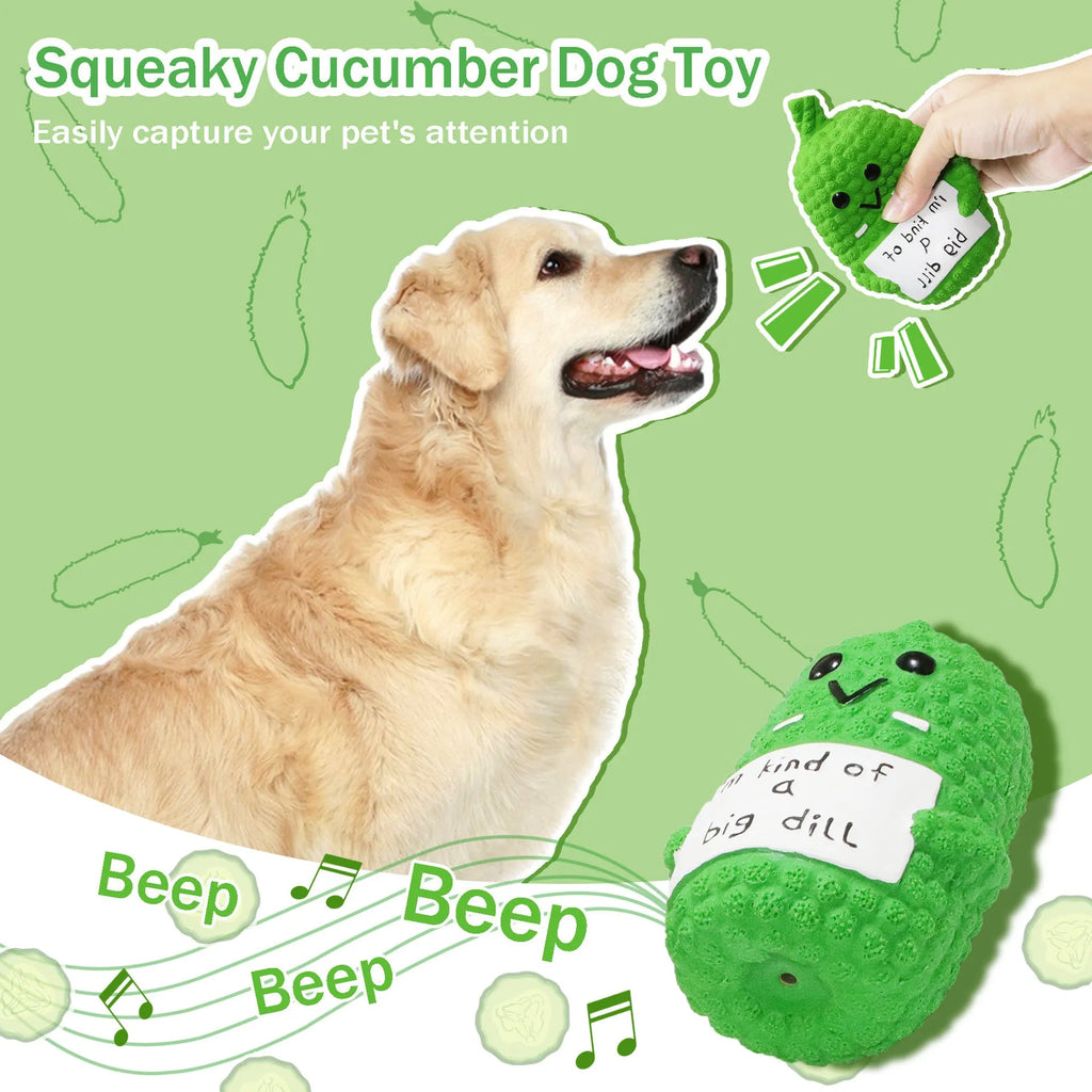 Green latex pickle dog toy with bumpy texture and squeaker inside.