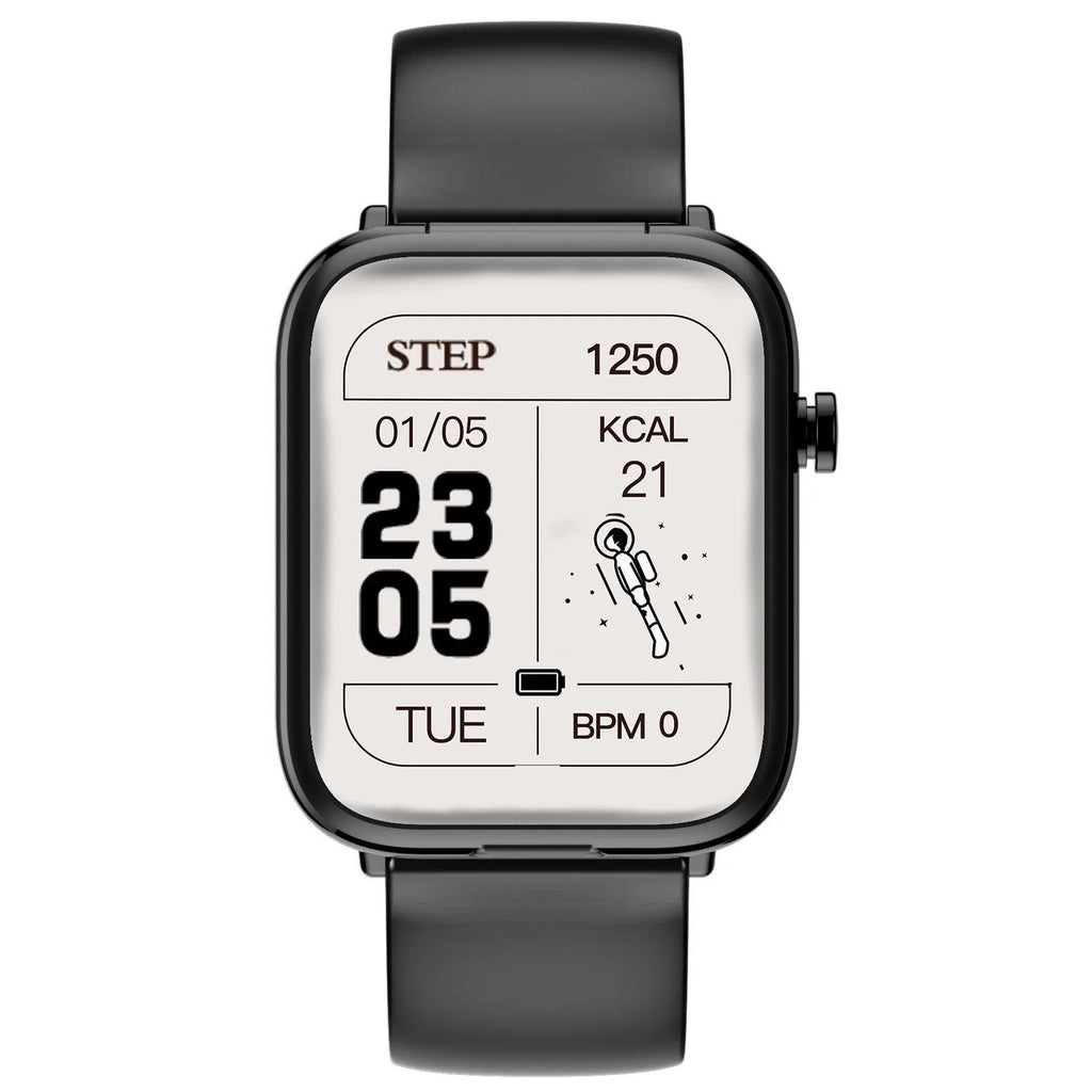 Black zinc alloy smartwatch with 1.69-inch touchscreen and Bluetooth earbuds in charging case.