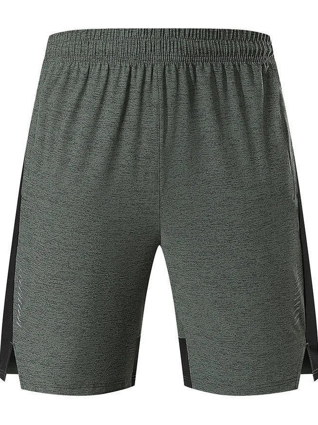 Men's forest green five-point stretch shorts laid flat.