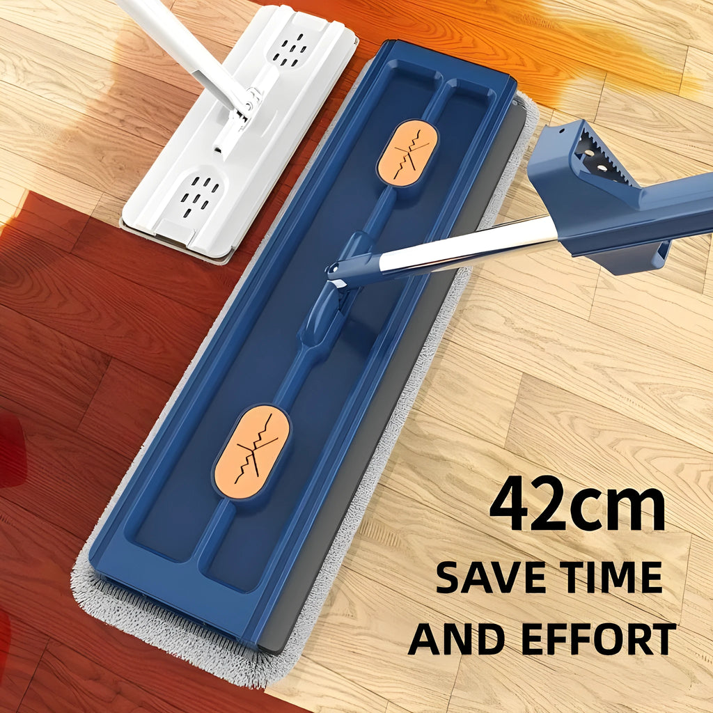 Large flat mop with blue cloth on stainless steel telescopic handle showing rotating head mechanism