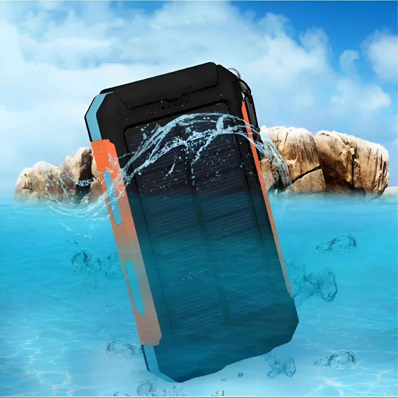 Black solar power bank with 20000mAh capacity showing LED flashlight, compass, and solar panel on casing