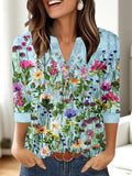Women's loose-fit casual V-neck top with a colourful 3D pattern print.