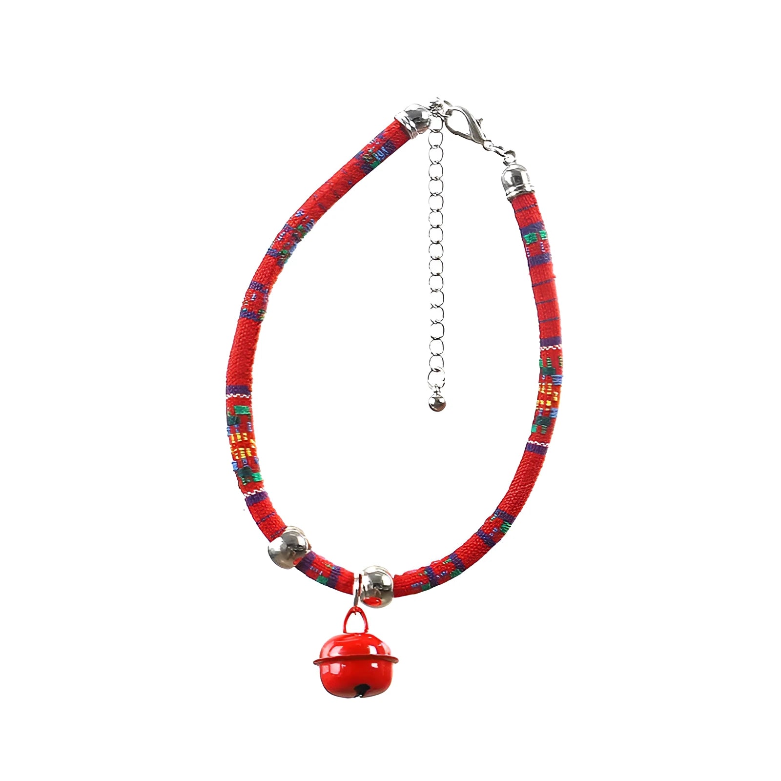 Coloured ethnic style adjustable pet collar with bell for cats and small dogs