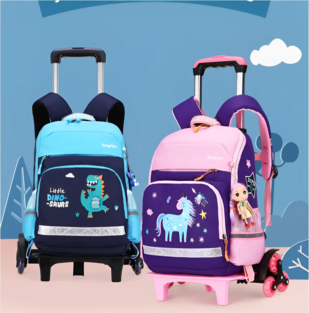 Korean red and black trolley backpack for elementary school students with wheels.