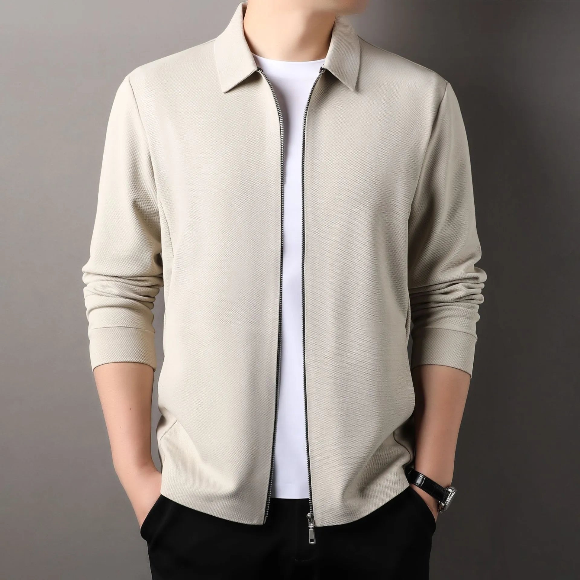 Men's polyester business casual jacket with regular sleeves and straight hem in three colour options