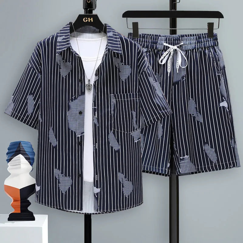 Men's casual sports shorts two-piece set in polyester, showing short sleeve top and elasticated shorts.