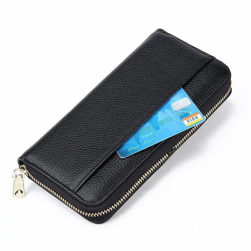 Genuine leather long wallet for women in six colour options showing anti-theft card slot and large capacity interior