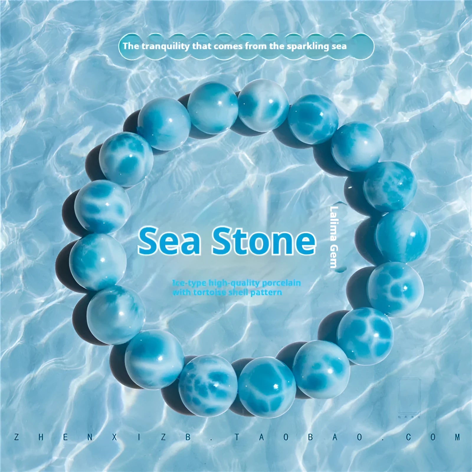 A blue sea-pattern natural crystal and pearl bodhi bracelet in Maillard style, showing bead detail.