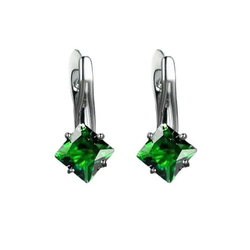Women's copper earrings with inlaid zircon diamond design in blue, green, and colour options.