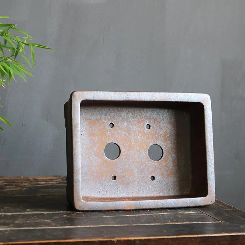 Rectangular purple sand ceramic bonsai flowerpot shown in large and small size options.