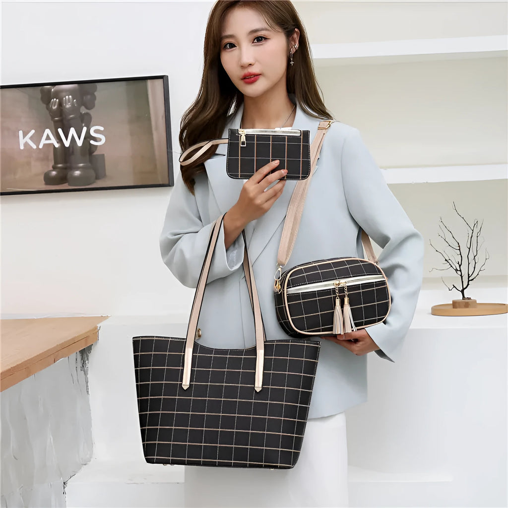 Korean fashion four-piece bag set in black with cartoon anime pattern and sewing thread detail on cross square PU tote bag