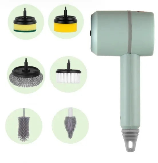 White rechargeable electric cleaning brush with multiple scrubber heads on a kitchen worktop.