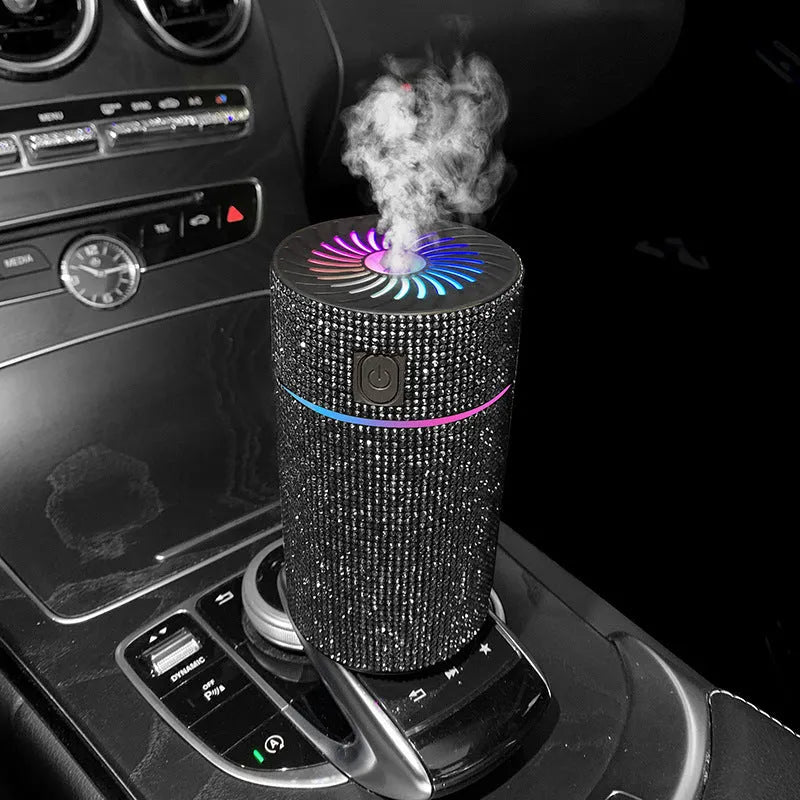 Car air purifier humidifier unit with USB cable in choice of seven diamond colours for vehicle cabin placement