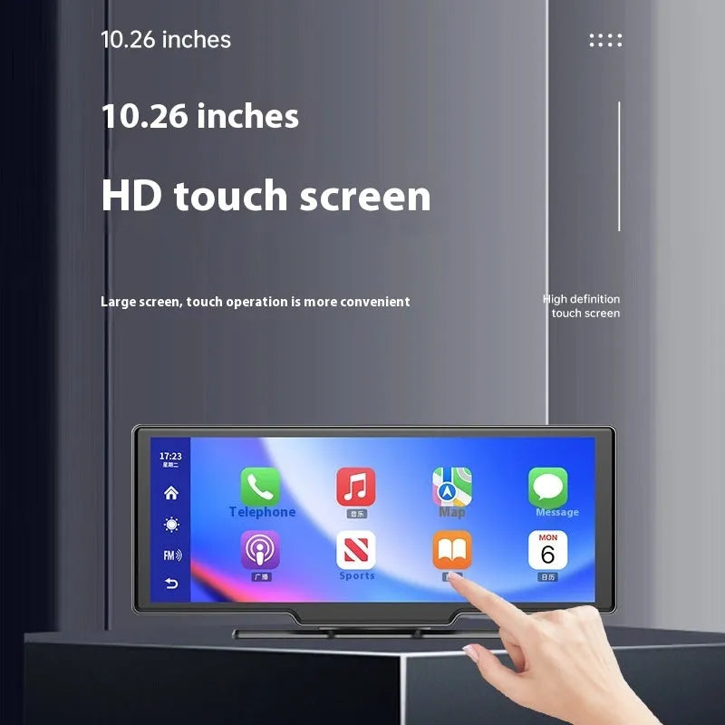 10-inch car smart screen with CarPlay and driving recorder on a vehicle dashboard