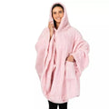 Thick hooded long sleeve bathrobe in a cardigan style, shown in black, dark grey, and pink colours.