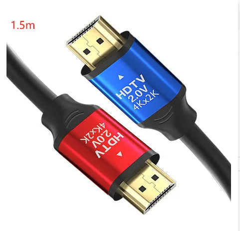 HDMI cable with aluminium alloy gold-plated connectors showing length options from 1.5m to 20m