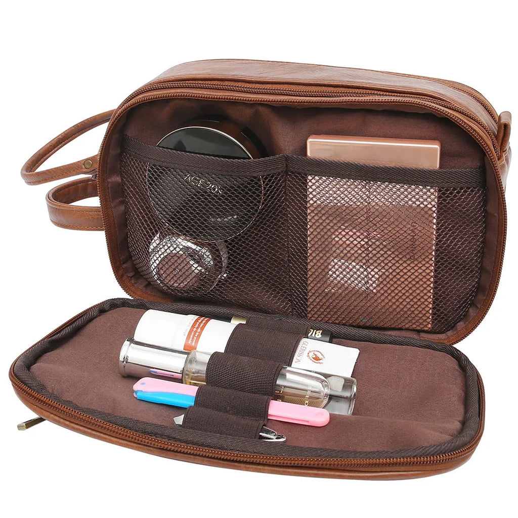 Men's black PU leather toiletry bag with water-resistant zipper and interior mesh pockets open