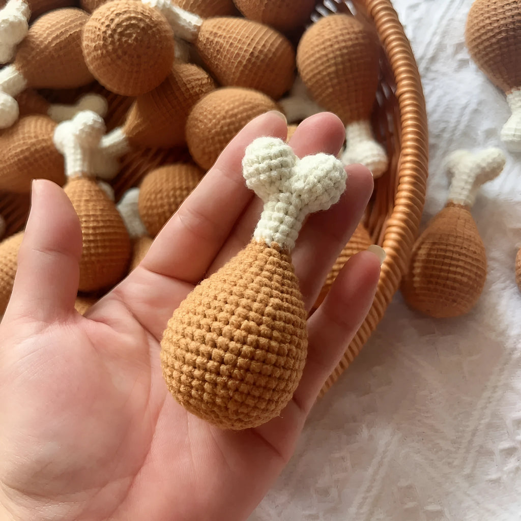 Crocheted plush chicken leg pendant key chain measuring 8 cm in length