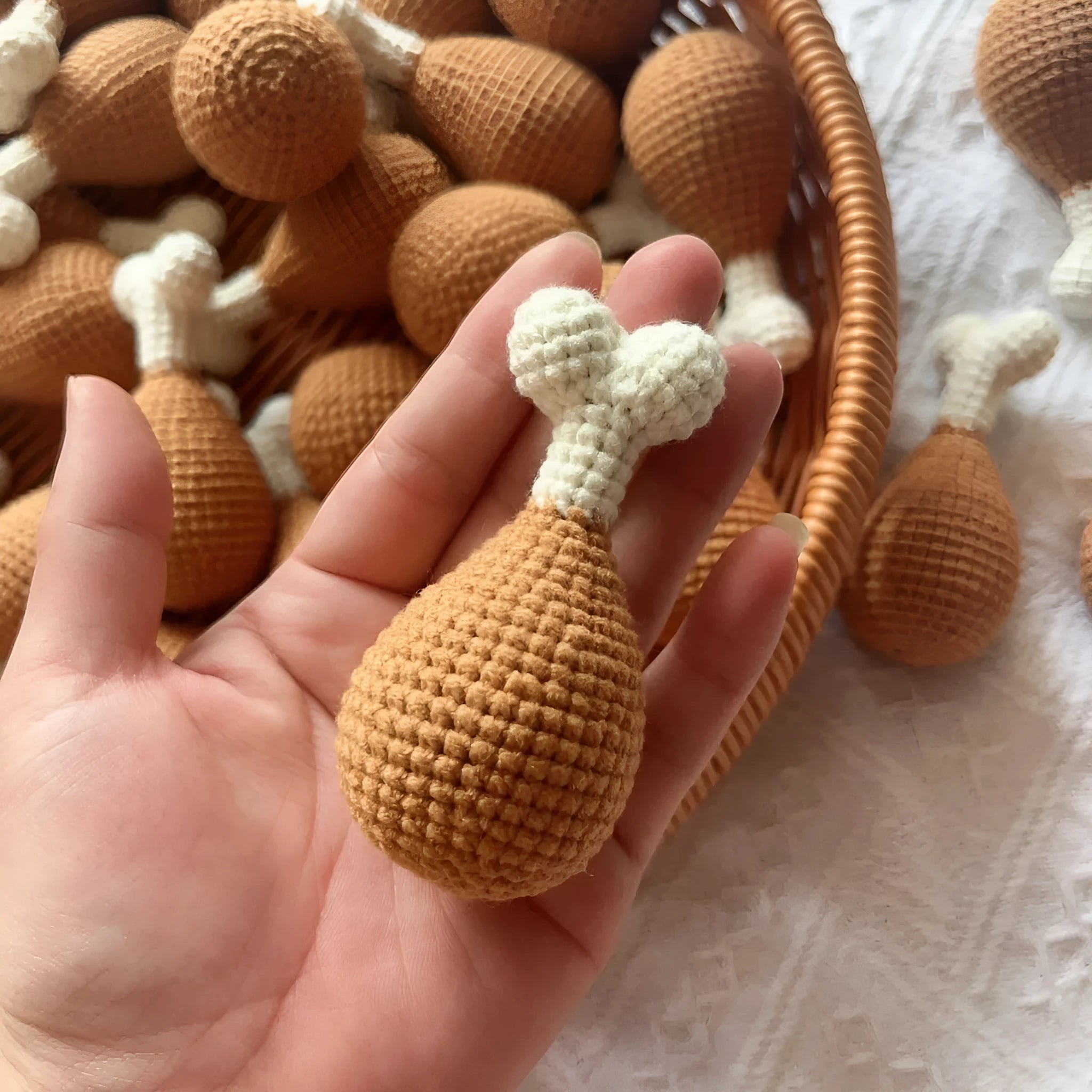 Crocheted plush chicken leg pendant key chain measuring 8 cm in length