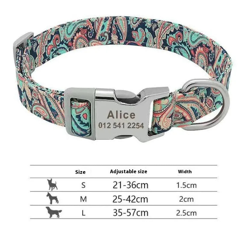 Colourful canvas dog collar with semi-metal buckle in striped floral pattern