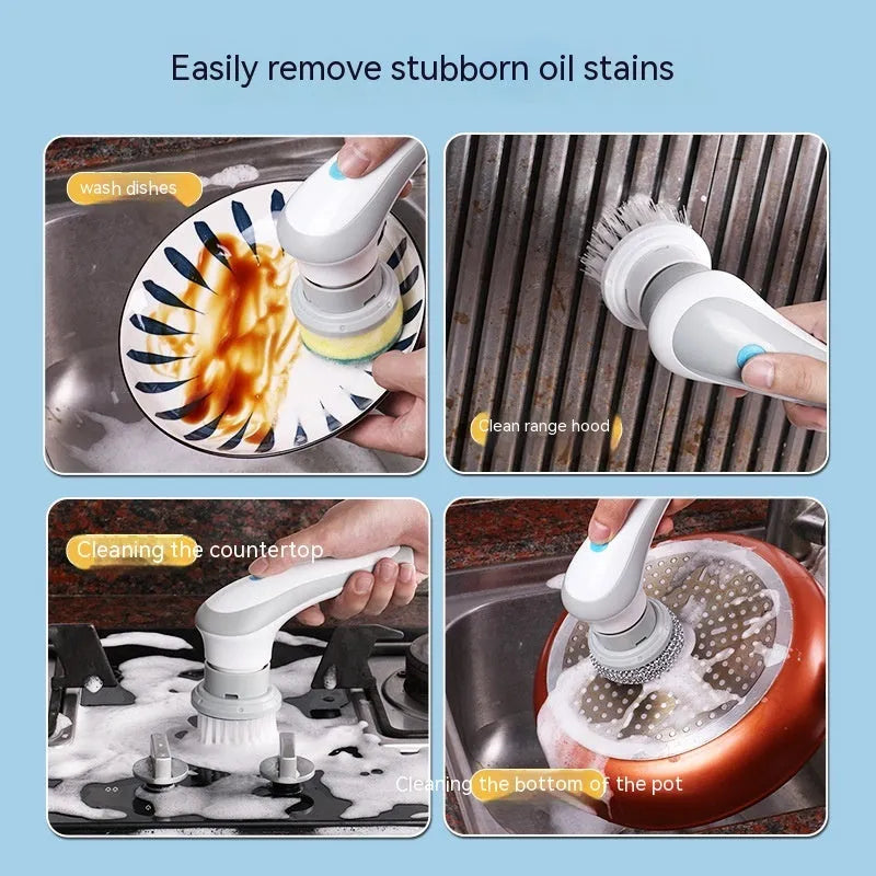 White cordless electric cleaning brush with four brush heads for shower tile and floor cleaning