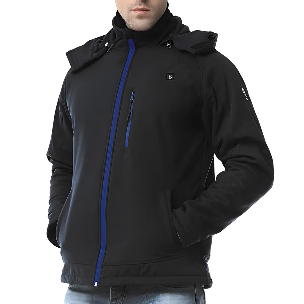 Black men's waterproof winter coat with zip pockets and straight hem design