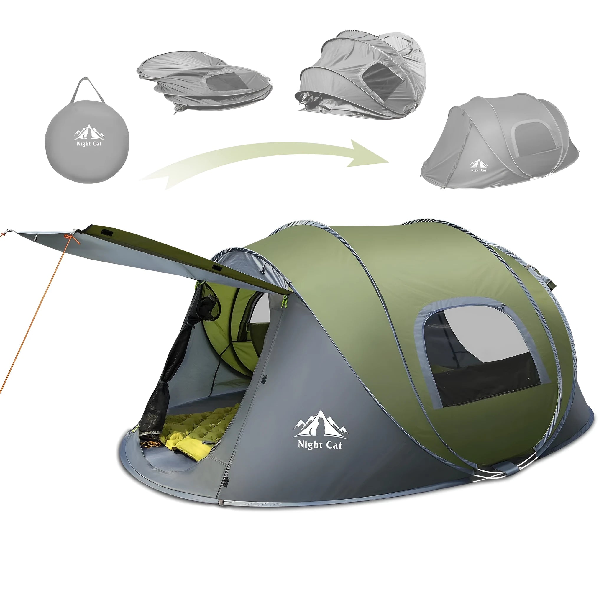 Dark green automatic pop-up two-person camping tent set up outdoors