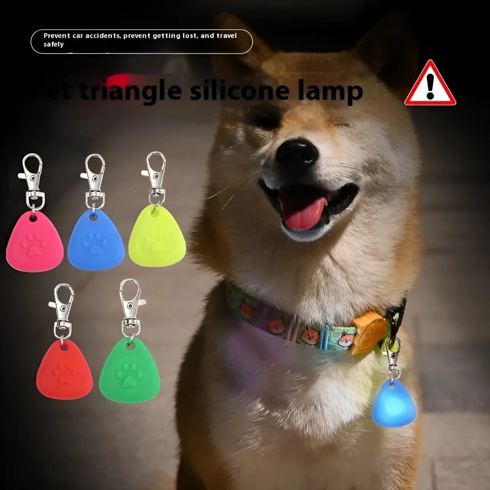 Silicone triangle-shaped pet pendant ornament in assorted colours for light-up collars.