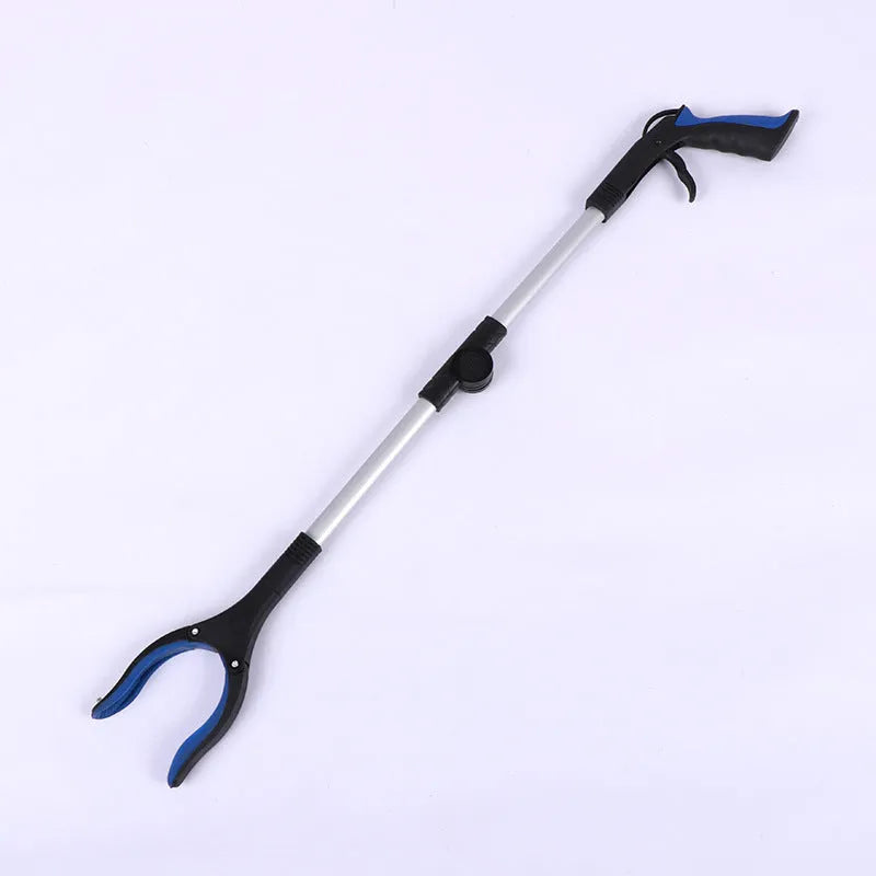 Foldable silver aluminium garbage clamp with blue handle, shown extended and with magnet sucker detail.